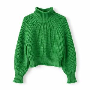 H&M Chunky Ribbed Knit Mock Neck Sweater Green Cropped Balloon Sleeve M